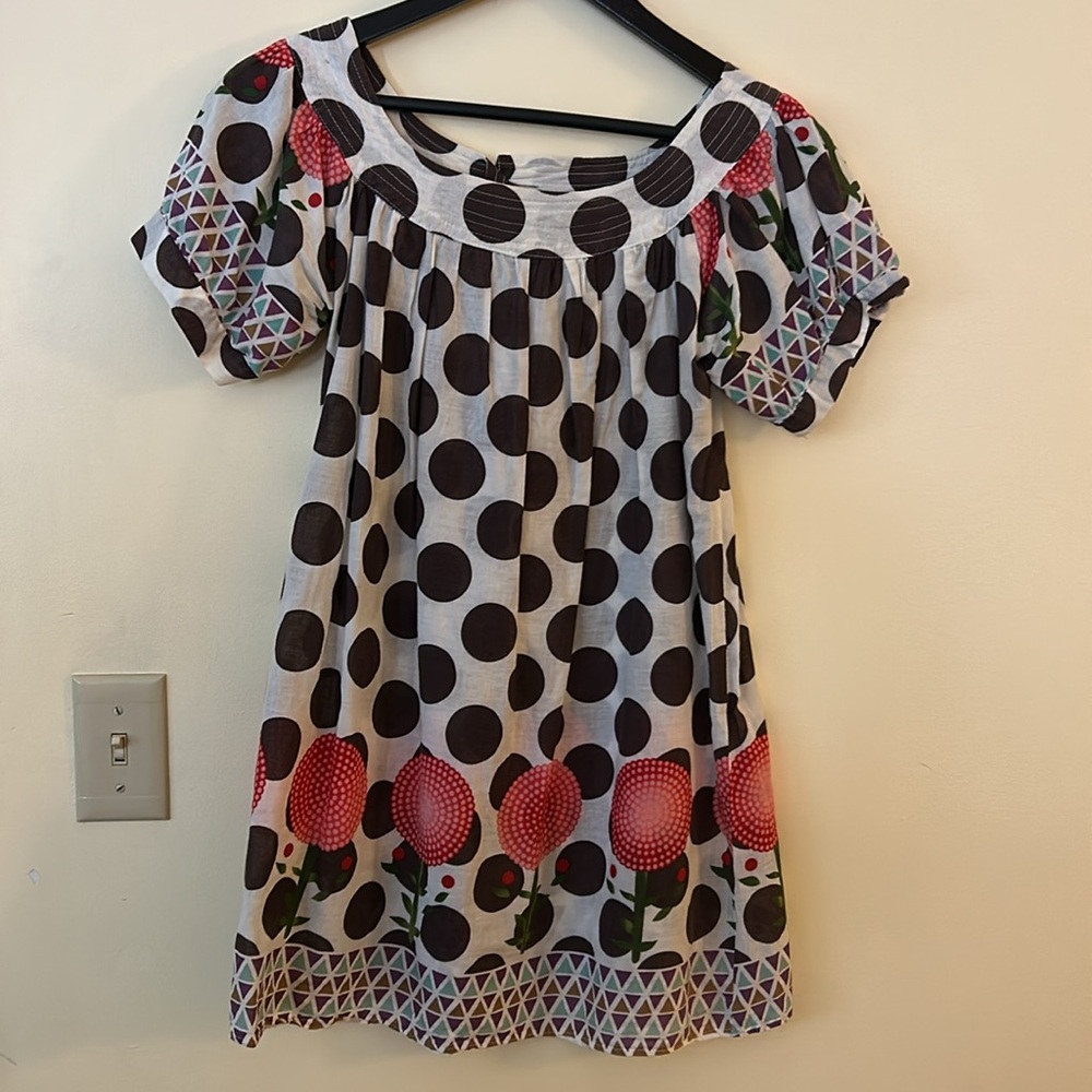 Sustilo Polka Dot Floral Smock Dress Tunic Brown Polka Dots Flowers Lightweight